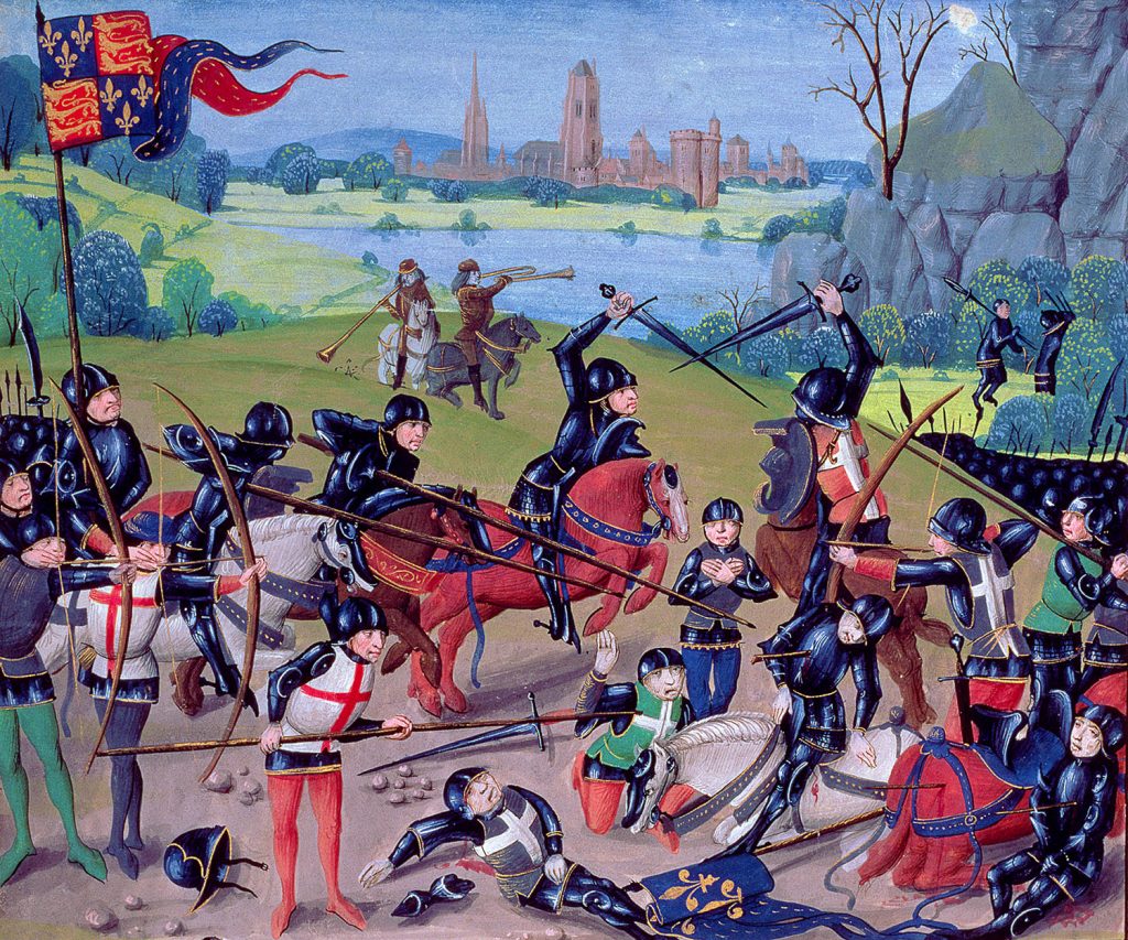 Ms 6 f.243 Battle of Agincourt, 1415, English with Flemish illuminations, from the 'St. Alban's Chronicle' (vellum)