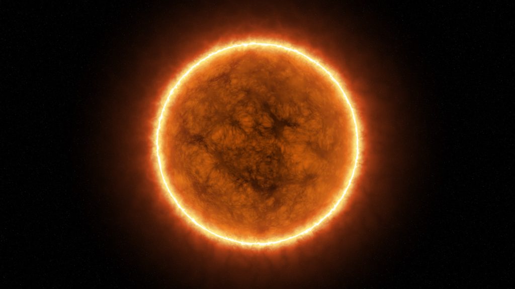 Realistic burning sun solar surface with flares in space. 3d render